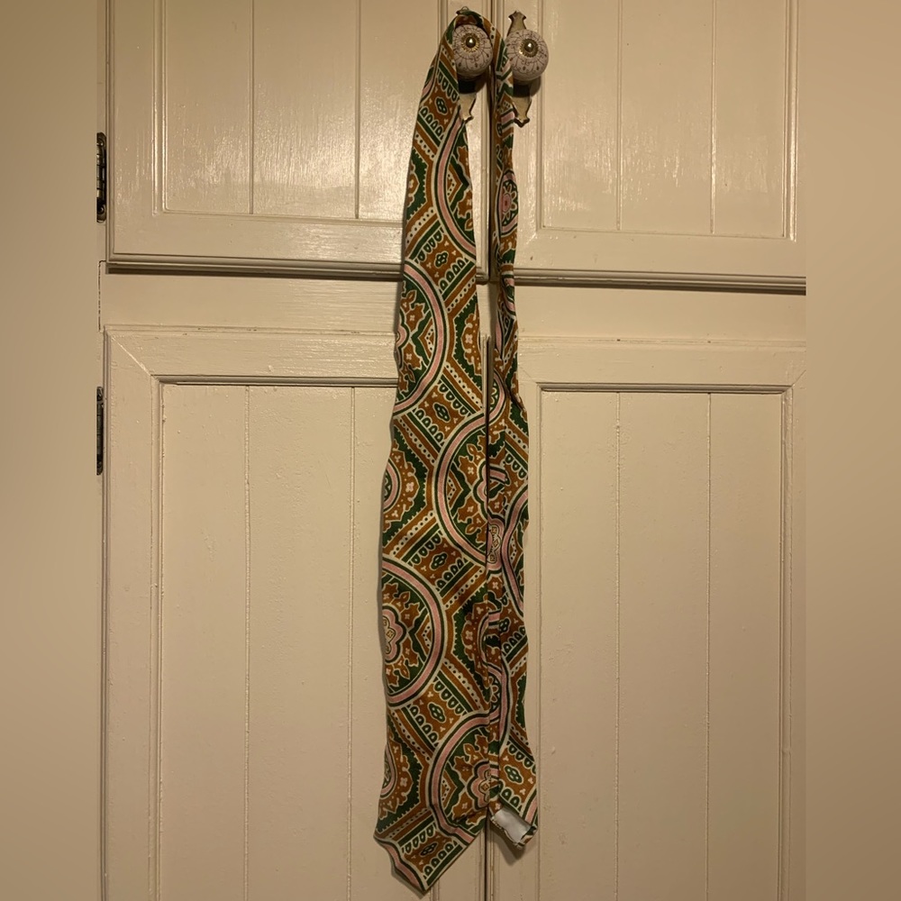 Vintage Longchamps all linen mandala shape design pink green tan tie - Picture 5 of 5